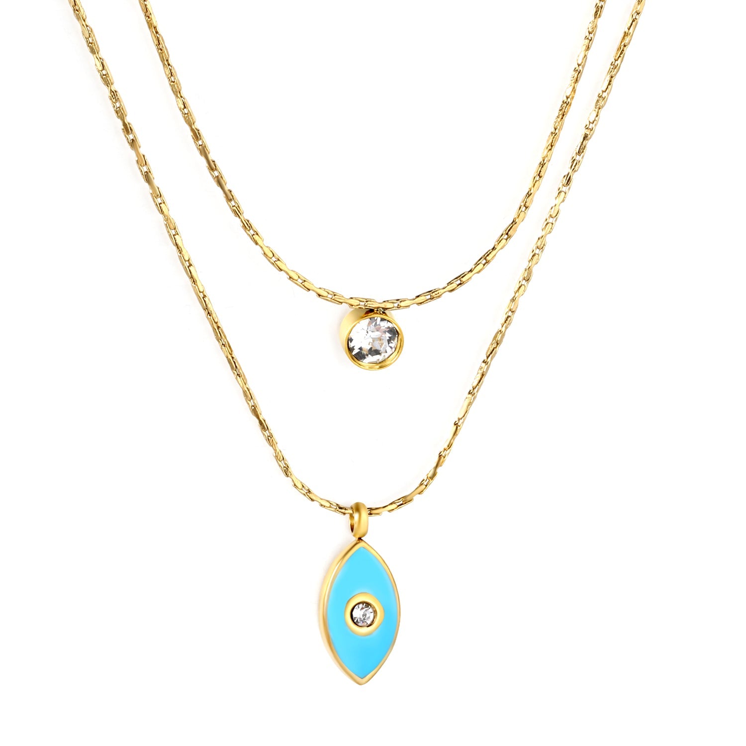 6.7*12.1mm Vertical Eye Drops Light Blue Oil Sticky White Diamond Pendant + 5mm Cylindrical Sticky White Diamond Accessory 0.9 Hammered Square Chain 50+40cm+5cm+6mm Round Plaque Double Chain Necklace GOLDEN asonjewelry